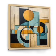 an abstract painting on wood with circles and squares in blue, yellow and brown colors