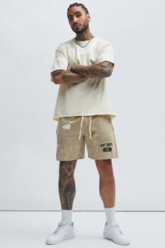 Available In Khaki and tan Elastic Waistband With Drawstring Side Hand Pockets Screen Print 100% Cotton Imported | Mens Art Dept Sweatshorts in Khaki size 2XL by Fashion Nova Summer Beige Shorts For Streetwear, Beige Relaxed Fit Shorts For Streetwear, Summer Streetwear Beige Bottoms, Beige Bottoms For Summer Streetwear, Beige Summer Streetwear Bottoms, Beige Streetwear Shorts, Fashion Nova Men, Khaki Fashion, Mens Fleece