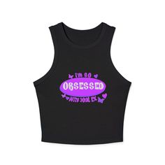 This design is inspired by Olivia Rodrigo's song "Obsessed"- a bonus track on the Guts album. It features a 90s style design with rhinestone printed font and butterfly and heart graphics. Perfect for any fan! These custom women's tank tops are crafted with a premium blend of 52% Airlume combed and ring-spun cotton and 48% polyester, providing an ultra-soft, breathable feel. This fitted racer-back tank features a chic 1x1 micro ribbed texture, ensuring a flattering, snug fit. The high neck design offers a sleek, modern look, while the mid-length cut makes it perfect for layering or wearing on its own. Available in Athletic Heather, which consists of a 90/10 Airlume combed and ring-spun cotton/polyester blend, this tank top is the ideal blend of comfort and style for any casual or athletic o Trendy Graphic Print Tank Top, 90s Style Fitted Sleeveless Crop Top, Fitted Sleeveless 90s Crop Top, Y2k Fitted Tank Top For Concert, Y2k Style Fitted Tank Top For Concerts, 90s Style Tank Crop Top For Summer, Fitted 90s Tank Crop Top, Fitted Y2k Style Tank Top For Concerts, 90s Inspired Crop Top For Summer Streetwear