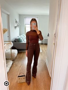 Brown Flare Leather Pants Outfit, Brown Leather Flare Pants Outfit, Wine Leather Pants Outfit, Maroon Leather Pants Outfit, Flare Leather Pants Outfit, Party Ponytail, Flare Outfits, How To Style Leather Pants