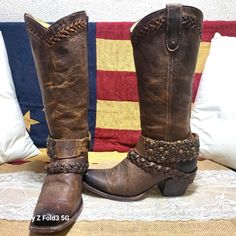 These Boots Are So Stinking Cute! They Are Brand New/Never Worn! They Have A Few Scuffs On Them From My Last Move But Honestly Adds To The Distressed Look! Western Wide Calf Knee-high Boots With Square Toe, Corral Shoe Boots Tall, Brown Ankle-high Western Boots, Corral Boots Womens, Western Knee-high Boots Medium Width, Boots Square Toe, Harness Boots, Woman Weaving, Shoes Heels Boots