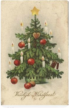 an old fashioned christmas card with a lit tree and decorations on it's branches