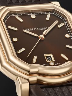 Gerald Charles' ultra-thin 'Maestro 2.0' watch is a feat of technical innovation that epitomises the house's "sporty-elegant" vision. Built in Switzerland from eight separate pieces of solid 18-karat rose gold, the sleek case houses a chocolate-brown sunburst dial and precise GCA3022/12 automatic movement that's painstakingly engineered in-house. It's fitted on a vulcanised rubber strap featuring a signature 'Clous de Paris' motif and water-resistant up to 10 bar, tested in the world's deepest … Latest Watches, Gold Watch Men, Rubber Watches, Rose Gold Watches, Rose Gold Case, Indoor Pool, Black Watch, Mr Porter, Luxury Watches