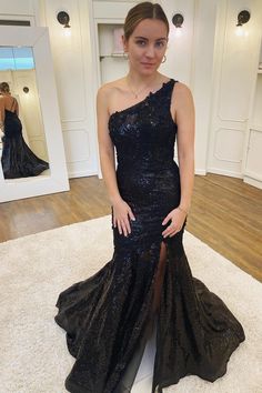 Sirène One épaule Black Sequins Robe de bal avec front divisé Black Sequin Prom Dress, Trumpet Prom Dress, Prom Dress With Split, Sequin Material, 2023 Prom, Sequin Evening Gowns, Dress With Split, Dress Mermaid, Sequin Prom Dress