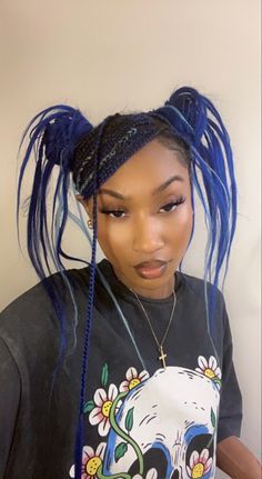 Black girl with blue braids in two pigtails and side swoop bang Navy Blue Knotless Braids, Blue Layered Braids, Navy Blue Braids For Black Women, Deep Blue Braids, Dark Blue Braids For Black Women, Blue Braids Black Women, Light Blue Box Braids, Blue French Curl Braids, Dark Blue Box Braids