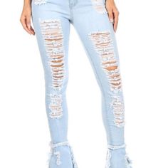 Sky Blue High Waist Distressed Stretch Skinny Jeans With Bell Hem Don't Miss Out On These Must-Have Jeans That Combine Style, Comfort, And A Touch Of Edge. Shop Now And Add The High Waist Distressed Stretch Skinny Jeans With Bell Hem To Your Denim Collection. Experience The Perfect Blend Of Fashion And Comfort Today! Versatile And Easy To Style, These Jeans Can Be Paired With Various Tops, From Casual T-Shirts To Dressy Blouses. Complete Your Look With Sneakers For A Laid-Back Vibe, Or Dress The Distressed Stretch Pants For Summer, Summer Stretch Distressed Pants, Blue Distressed Pants For Summer, Distressed Blue Pants For Summer, Blue Distressed Pants For Spring, Summer Distressed Blue Pants, Fitted Ripped Summer Pants, Ripped Fitted Pants For Summer, Ripped Fitted Summer Pants