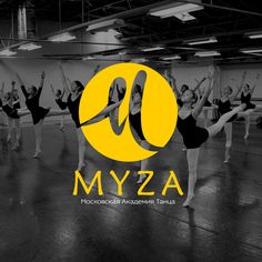 the logo for myzza is shown in black and white, with dancers on either side