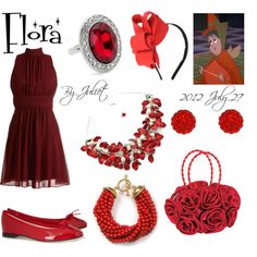 a red dress and accessories are on display