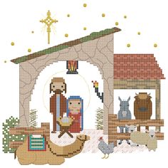 a cross stitch nativity scene with the birth of jesus and his three wise men