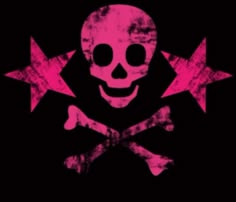 a pink skull and crossbones on a black background with stars in the middle