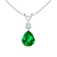 This classic solitaire pendant features a pear-shaped emerald, secured in a prong setting. A brilliant round diamond sits atop the lush green gemstone adding to the design's beauty. Simple yet alluring, this emerald pendant in silver is crafted with a lustrous v-bale. Emerald Diamond Pendant, Emerald Pendant, Solitaire Pendant, Green Gemstones, Diamond Pendant Necklace, Fine Jewellery Necklace, Emerald Diamond, Natural Emerald, Lush Green