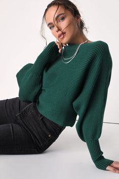 Keep your wardrobe stylish yet comfortable this winter season with a closet essential like the Lulus Classically Cozy Dark Green Ribbed Dolman Sleeve Cropped Sweater! This chic sweater is composed of stretchy midweight ribbed knit that shapes a pullover design and a boat neckline. Trendy dolman sleeves (with long fitted cuffs) frame the relaxed bodice that falls to a cute cropped hem. Green Longsleeves Outfit, Dark Green Top Outfit, Green Sweater Outfit, Green Top Outfit, Emerald Sweater, Emerald Green Sweater, Beige Turtleneck, Dark Green Top, Dark Green Sweater