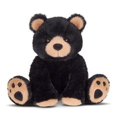 a black and brown teddy bear sitting up against a white background