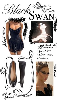 an advertisement for black swan shoes with pictures of women's dresses and accessories on it