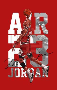 the air jordan artwork is featured on a red background with an image of a basketball player