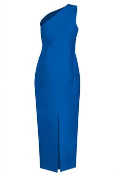 a women's blue dress with an asymmetrical neckline and side slit