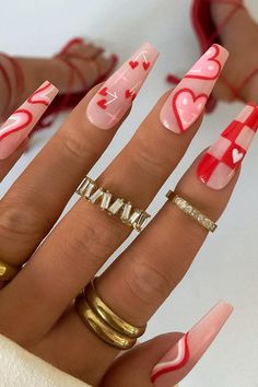 Diy Valentine's Nails, Mix Match Nails, Red Valentine, Red Nail Art Designs, Heart Nail Designs, Pointy Nails, Romantic Nails, Valentine Nail Art, Happy Nails