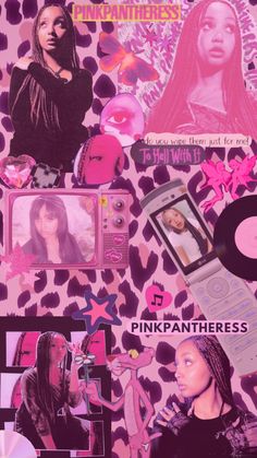 a collage of photos, pictures and text on a pink background with black women's hair