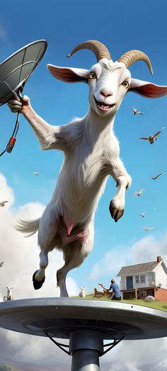 a goat jumping up into the air with a frisbee in it's mouth