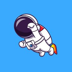 an astronaut floating in the sky with a rocket on it's back and his arm extended