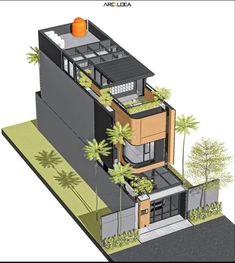 an architectural drawing of a modern house with trees and plants on the roof, in front of a white background