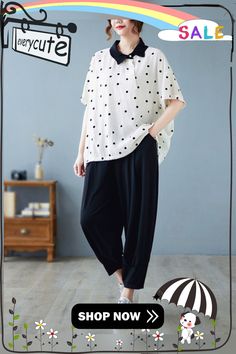 Artistic Retro Loose Polka-dot Blouse Relaxed Fit Cotton Blouse With Polka Dot, Polka Dot Cotton Blouse With Relaxed Fit, Relaxed Fit Cotton Blouse In Polka Dot, Cotton Polka Dot Blouse With Relaxed Fit, Polka Dot Blouse, Half Sleeves, Contrasting Colors, Polka Dot, Polka Dots