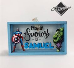 a wooden sign that says parados suero de samuel with an image of the avengers and captain america