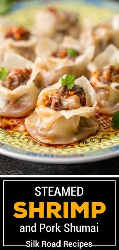 steamed shrimp and pork shumai on a plate with text overlay that reads steamed shrimp and pork shumai