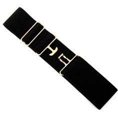 a black belt with gold metal buckles and letters on the bottom, in front of a white background