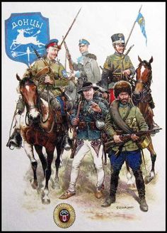 a group of men standing next to each other on top of horses and holding flags