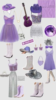 a collage of purple and silver items including shoes, hats, purses, and bags