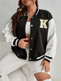 Black and White Casual Collar Long Sleeve Fabric Letter,Striped Varsity Embellished Medium Stretch  Women Plus Clothing Letter Man Jacket Outfits, Sporty Jacket Outfit, Letter Jacket, Graphic Jackets, School Jacket, Sporty Jacket, Jacket Outfit Women, Plus Size Jackets, College Jackets