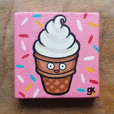 a painting of an ice cream sundae with sprinkles on pink background