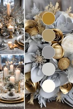 the table is decorated with silver, gold and white flowers in shades of grays