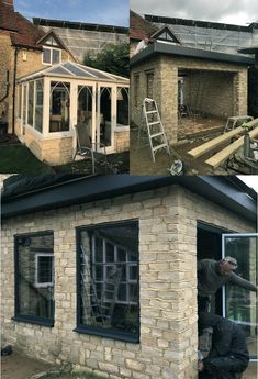 before and after pictures of a house being built with windows, sidings, and roofing