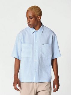 Blue Casual Collar Short Sleeve Woven Fabric Striped Shirt Embellished Non-Stretch  Men Clothing Button Up Shirt Men, Relaxed Fit Button-up Shirt For Streetwear, Washed Blue Button-up Top For Streetwear, Relaxed Blue Button-up Shirt, Light Blue Cotton Streetwear Shirt, Blue Button Closure Streetwear Shirt, Design Model, Kids Beachwear, Striped Shirt