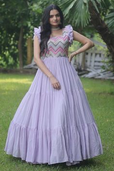 Georgette Fabric Lavender Color Embroidered Readymade Long Anarkali St Georgette Maxi Dress Indian, Long Skirts For Women Indian, Georgette Saree Dress Gowns, Stiched Dress Ideas, Long Dress Designs Indian, Georgette Gown Designs, Simple Function Dress, Women Gown Design, Georgette Frock For Women