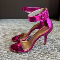 The Pelle Moda Kallie Sandal Features A Two-Piece Silhouette, Embossed Finish, And Stiletto Heel That Will Perfect Your Trend-Right Ensemble. Size: 8 Color:Fuchsia Leather Upper Material. Ankle Strap With Adjustable Buckle Closure. Open-Toe Design. Breathable Synthetic Lining. Lightly Padded Footbed Provides Added Comfort. Leather Outsole. Imported. Product Measurements Were Taken Using Size 8, Width M. Please Note That Measurements May Vary By Size. Weight Of Footwear Is Based On A Single Item, Pink Pointed Toe Sandals With Buckle, Purple Ankle Strap Sandals Fitted, Fitted Purple Sandals With Ankle Strap, Elegant Purple Sandals With Buckle Closure, Purple Party Sandals With Buckle Closure, Purple Open Toe Sandals For Night Out, Purple Ankle Strap Heels With Buckle Closure, Color Fuchsia, Fuchsia Color