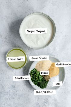 ingredients to make vegan yogurt on a plate