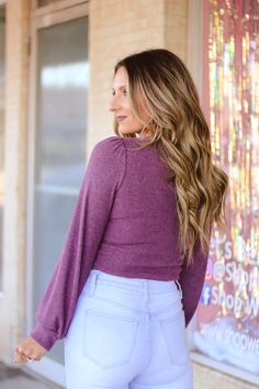 Eggplant shade ruched crop. Erin is a 2/3 34DD wearing a small. Fall Stretch Ruched Crop Top, Ruched Stretch Crop Top For Fall, Stretch Ruched Crop Top For Fall, Eggplant, Bell Sleeve Top, Women's Top, How To Wear