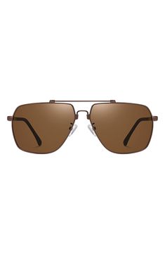 Polarized lenses mean color-true clarity in smart sunglasses that fuse form and function. 62mm lens width; 14mm bridge width; 143mm temple length 100% UV protection Adjustable nonslip nose pads Polycarbonate/metal Imported Brown Shield Sunglasses With Tinted Square Frame, Brown Square Frame Aviator Sunglasses With Uva Protection, Brown Square Frame Shield Sunglasses With Polarized Lenses, Modern Brown Square Frame Aviator Sunglasses, Modern Brown Aviator Sunglasses With Square Frame, Brown Shield Sunglasses With Polarized Lenses And Square Frame, Modern Brown Square-frame Aviator Sunglasses, Brown Rectangular Aviator Sunglasses With Gradient Lenses, Modern Brown Aviator Sunglasses With Uva Protection