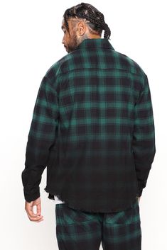 Available In Green/Black, Red/Black, And Blue/Black Fold Down Collar Front Button Closure Front Pockets Long Sleeve Disclaimer: To Keep The Aesthetic Of This Garment, Please Follow The Care Instructions Carefully. Disclaimer: Plaid Placement May Vary 100% Cotton Imported | Mens Sunset Dip Dye Flannel Shirt in Green size 3XL by Fashion Nova Black Long Sleeve Flannel Shirt, Black Cotton Relaxed Fit Flannel Shirt, Oversized Black Flannel Top, Black Relaxed Fit Flannel Top, Relaxed Fit Long Sleeve Flannel Top, Long Sleeve Flannel Shirt For Streetwear, Black Long Sleeve Cotton Flannel Shirt, Black Flannel Streetwear Shirt, Green Casual Flannel Tops