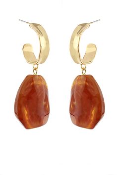 Accessorize with personality with our Amber & Hoop Dangle Earrings in Brown and Gold. These unique earrings feature a playful mix of amber beads and gold hoops, giving you the perfect touch of fun and style. Perfect for adding a touch of quirkiness to any outfit. Cheap Orange Earrings For Summer, Luxury Handmade Orange Earrings, Cheap Chic Yellow Earrings, Cheap Orange Casual Earrings, Cheap Orange Jewelry For Birthday, Cheap Orange Jewelry For Spring, Unique Cheap Yellow Jewelry, Cheap Modern Orange Jewelry, Terracota Bridesmaid Dress Jewelry