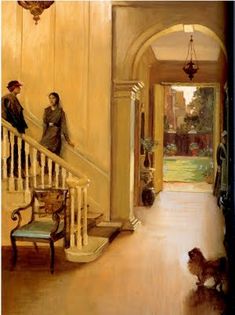 an oil painting of people walking down the stairs in a house with two dogs on the floor