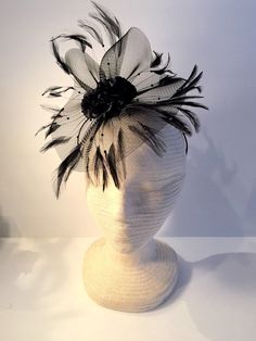 Black fascinator Black Headpiece Derby fascinator Feather Ostrich Feather Fascinator For Kentucky Derby Evenings, Ostrich Feather Fascinator For Royal Ascot Party, Black Feathered Fascinator For Kentucky Derby, Royal Ascot Evening Fascinator With Ostrich Feathers, Royal Ascot Evening Ostrich Feather Fascinator, Black Mini Hat With Feather Trim For Royal Ascot, Kentucky Derby Evening Tulle Headpiece, Evening Tulle Headpiece For Kentucky Derby, Feather Fascinator For Royal Ascot