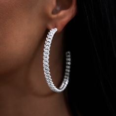 Introducing the Diamond Prong Hoop Earrings in 14k White Gold. Available in four different sizes and three colors, we took your favorite chain and bracelet and transformed them into finely detailed hoops! Featuring a micro cuban link pattern and covered in hand-set stones, these earrings are perfect for every occasion. Complete the matching set with the Micro Diamond Prong Chain and Bracelet in White Gold! This product is guaranteed for life – GLD will repair or replace the item should you exper Modern Hoop Jewelry With Halo Design, Modern Hoop Halo Jewelry, White Gold Solitaire Earring, Modern Silver Jewelry With Halo Design, Modern Small Hoop Jewelry With Prong Setting, Silver Hoop Earrings With Halo Design, Modern Cubic Zirconia Hoop Jewelry, Fine Jewelry White Small Hoop Earrings, White Small Hoop Fine Jewelry