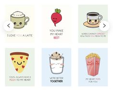 four different types of food and drink cards with the words i love you latte