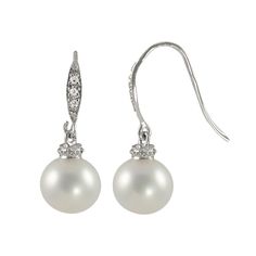 Delicate beauty. Diamond accents and freshwater cultured pearls make these drop earrings a gorgeous pair. Illuminate any ensemble with these sterling silver drop earrings. Rhodium plating adds lustrous shine to the sterling silver construction. Earrings come in a gift box. Details: 7-7 1/2-mm cultured pearls 4/5-in. length Pierced Fishhook backings Rhodium-plated sterling silver Image(s) may be enlarged to show detail. Diamond weights are approximate. Diamond total weights may vary between .01 a Elegant Pear-shaped Pearl Earrings With Diamond Accents, Elegant Silver Akoya Pearl Earrings, Formal Sterling Silver Pearl Earrings With Diamond Accents, Elegant Silver Pearl Earrings, Formal Pear-shaped Pearl Earrings With Ear Wire, Timeless Sterling Silver Pearl Earrings With Diamond Accents, Classic Sterling Silver Pearl Drop Earrings, Classic Sterling Silver Drop Pearl Earrings, Elegant Akoya Pearl Dangle Jewelry