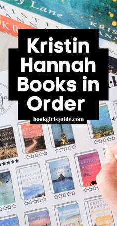 a person is writing on a book with the words kristin hannah books in order