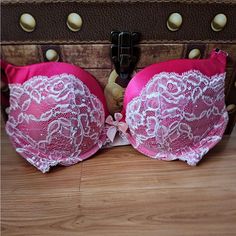 Brand New. Satin Magenta With Light Coral Pink Lace Overlay And Rhinestones. Memory Foam Padding. Mesh Band. Rhinestone Bra, Victoria Secret Pink Bras, Cute Bras, Cute Lingerie, Light Coral, Comfortable Bras, Lace Slip Dress, Pretty Lingerie, Lace Slip